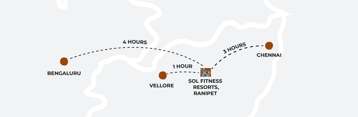 Contact Sol Fitness Resorts map showing directions from Chennai, Bengaluru, and Vellore