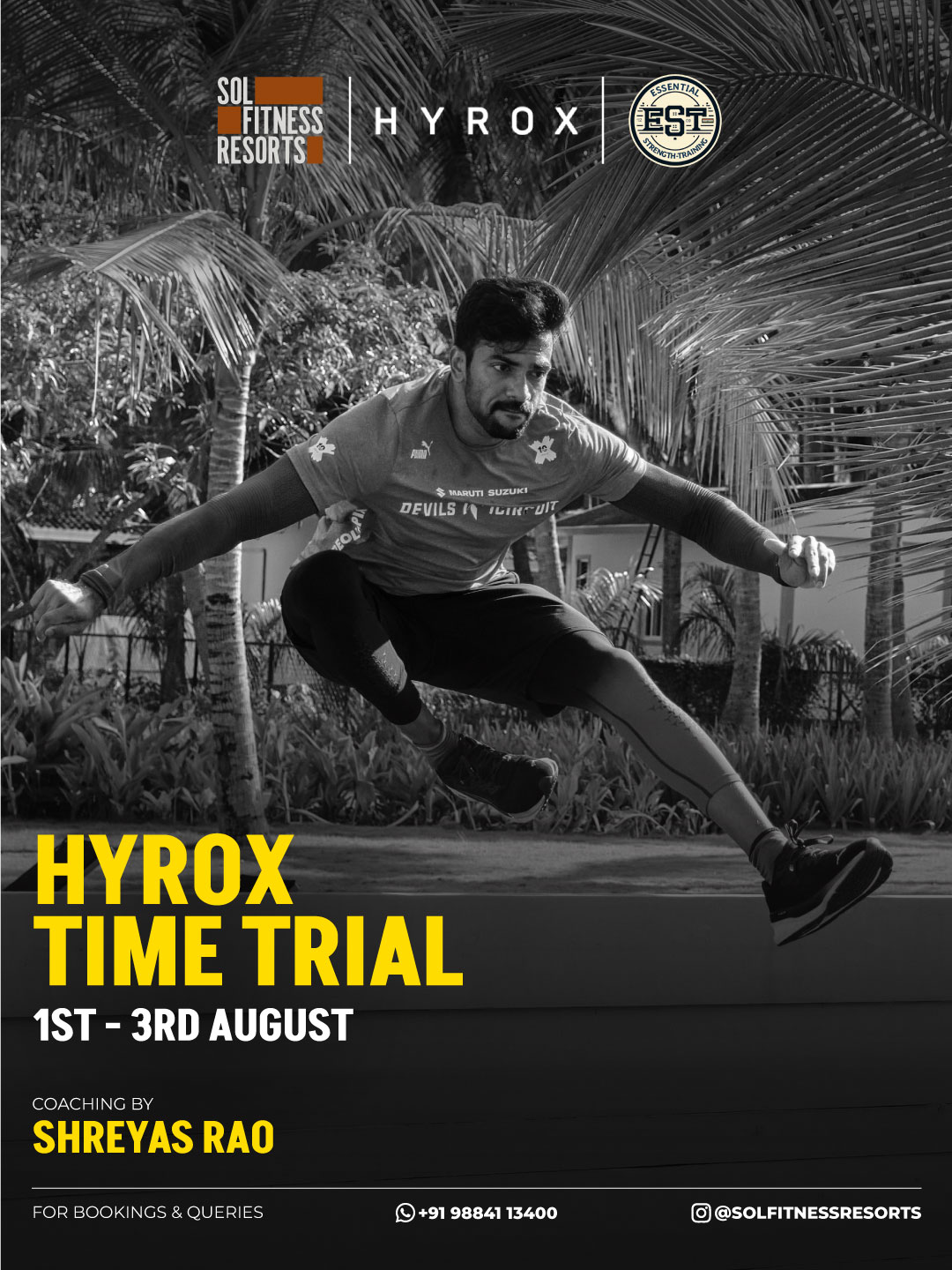 Athlete mid-air during HYROX Time Trial sprint at Sol Fitness